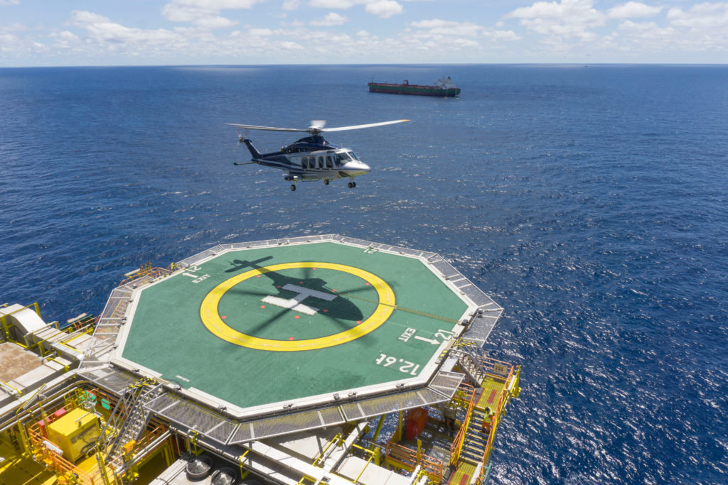 Helicopter transportation to an oil rig posing danger for workers.